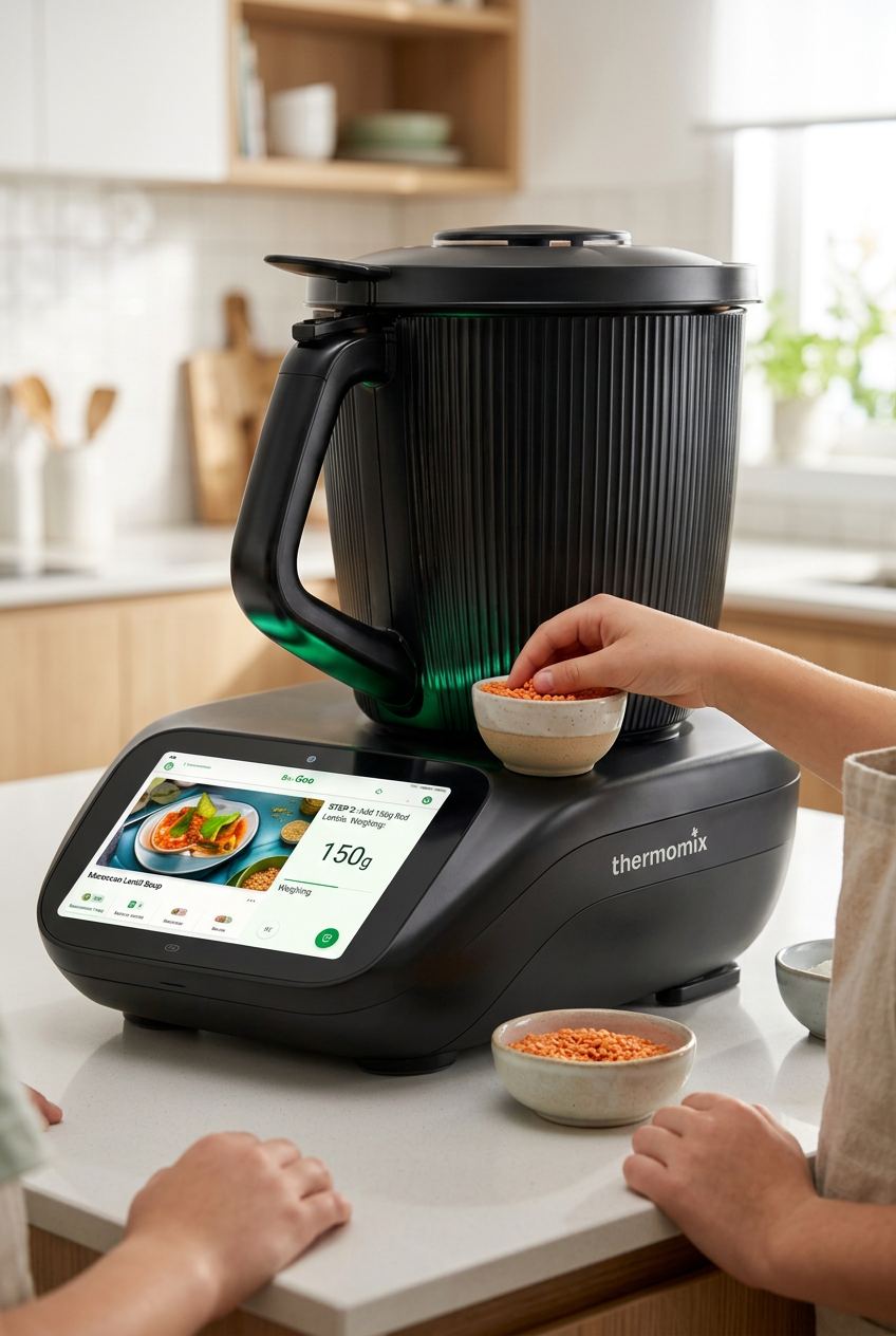 Thermomix TM7 guiando una receta paso a paso con su báscula integrada en pantalla